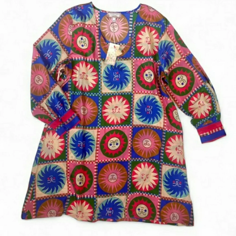 Artisy Celestial XXL Johnny Was Boho Retro Silk Hippie Shift Mini Dress New - Picture 2 of 7